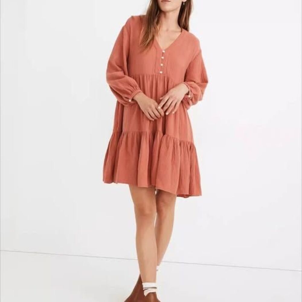 Madewell Coral Lightspun Double Gauze Tiered Mini Dress Women’s Size 6